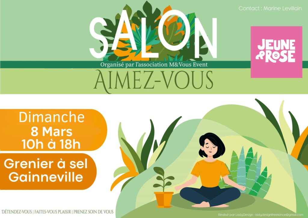 affiche du salon "Aimez-vous," en association avec Jeune&Rose, qui se déroule à Gainneville, au grenier à sel le dimanche 8 mars entre 10h et 18h.