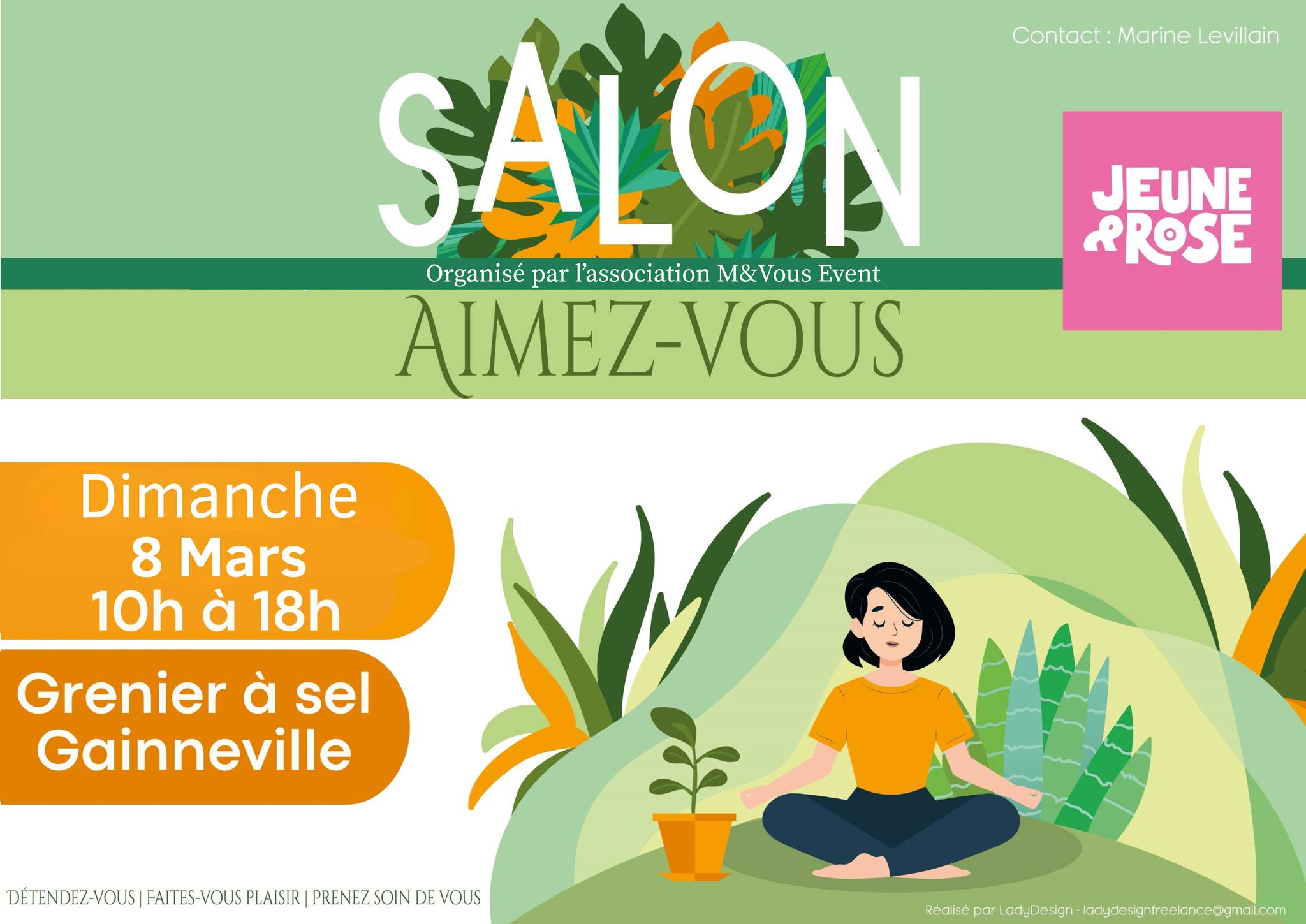 affiche du salon "Aimez-vous," en association avec Jeune&Rose, qui se déroule à Gainneville, au grenier à sel le dimanche 8 mars entre 10h et 18h.