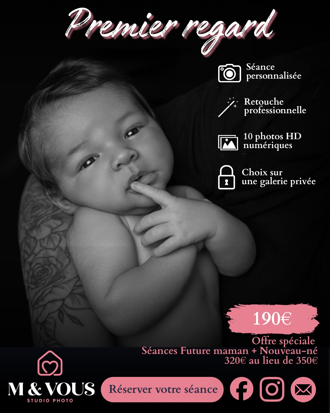 Carte nouveau regard, séance personnalisée, retouche professionnelle, 10 photos HD numérique, choix sur une galerie privée, 190€, Offre spéciale regard vers l’avenir + nouveau regard, 320€ au lieu de 350€, réserver votre séance sur facebook, instagram, par mail, ou via le formulaire ci-dessous