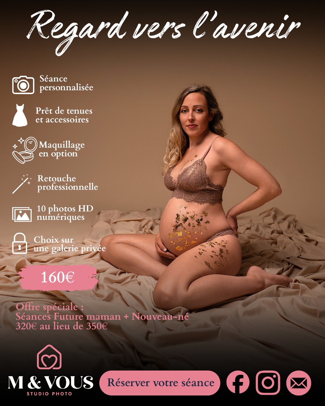 Carte regard vers l’avenir, séance personnalisée, prêt de tenues et accessoires, maquillage en option, retouche professionnelle, 10 photos HD numérique, choix sur une galerie privée, 160€, Offre spéciale regard vers l’avenir + nouveau regard, 320€ au lieu de 350€, réserver votre séance sur facebook, instagram, par mail, ou via le formulaire ci-dessous